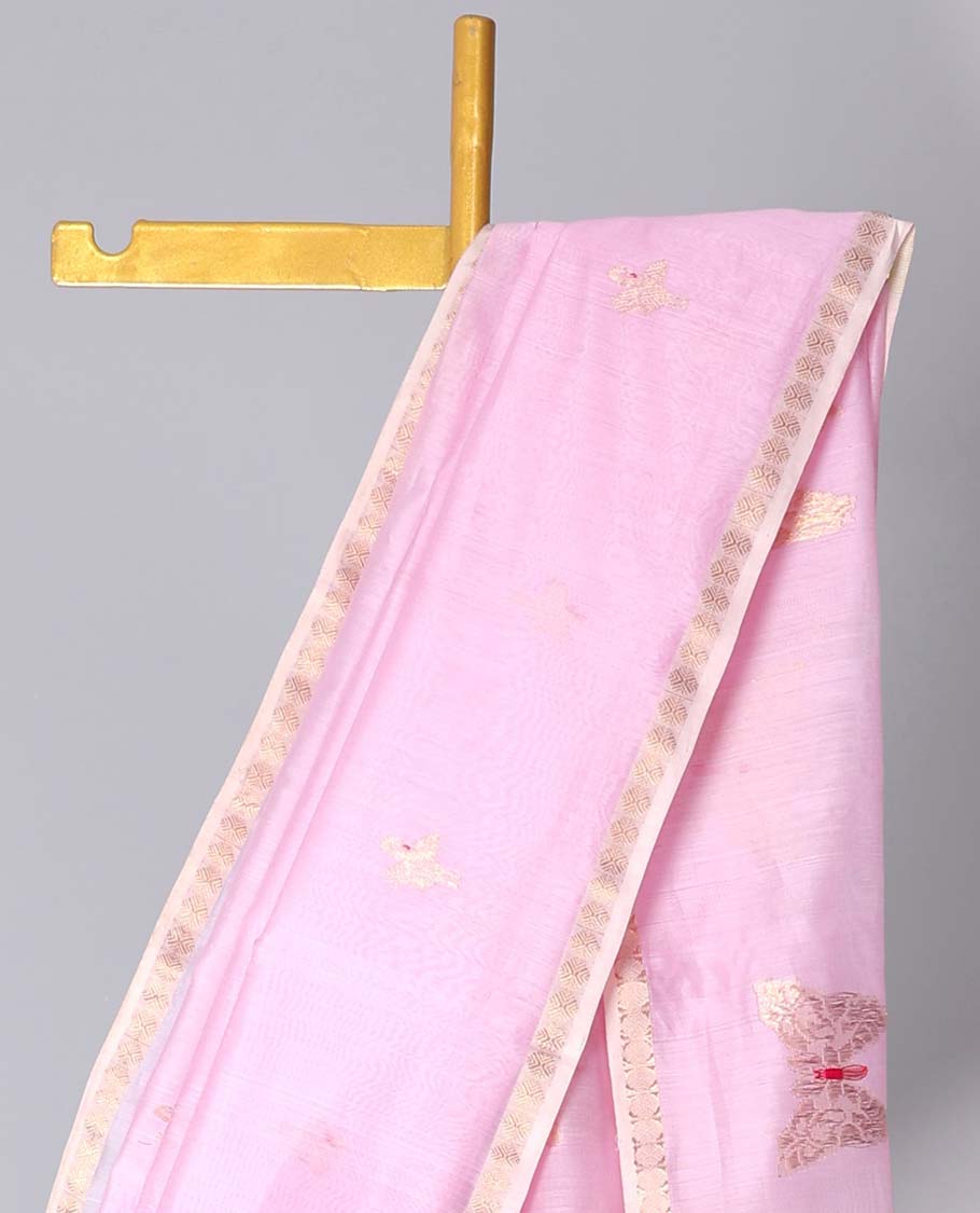 Pink Maheshwari cotton saree with buttas,traditional zari border & butterfly motifs pallu