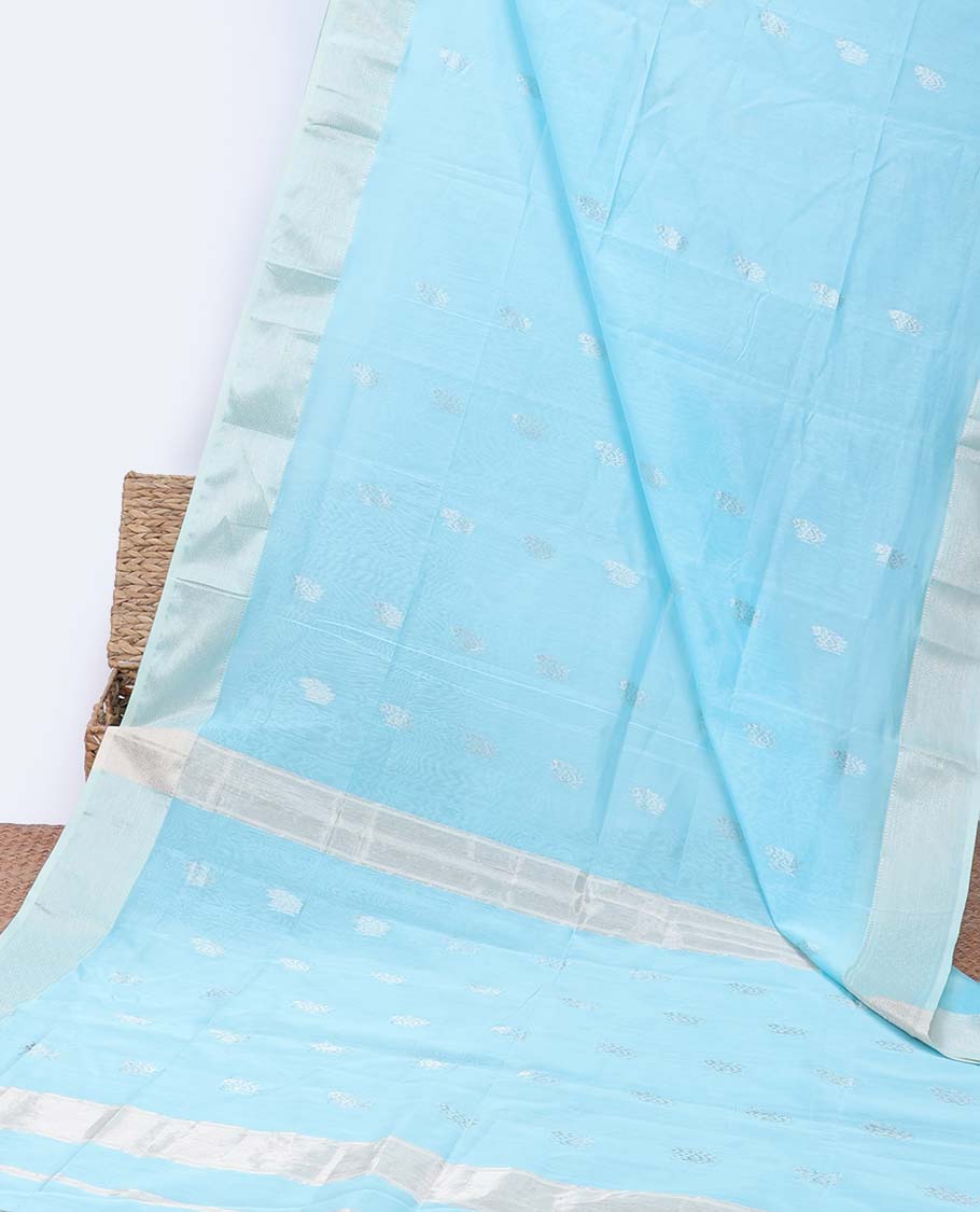 Blue Maheshwari cotton saree with buttas, contrast traditional zari border & zari motifs pallu