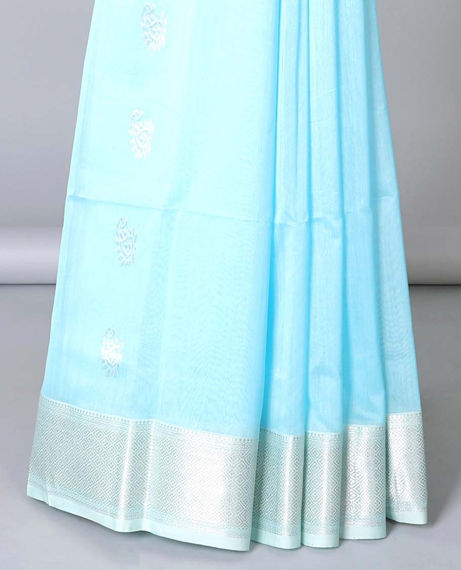 Blue Maheshwari cotton saree with buttas, contrast traditional zari border & zari motifs pallu