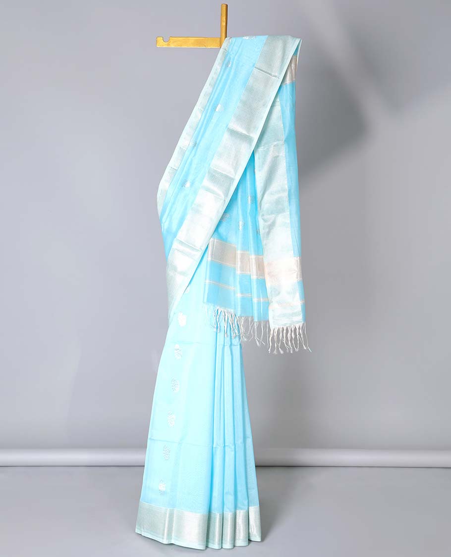 Blue Maheshwari cotton saree with buttas, contrast traditional zari border & zari motifs pallu