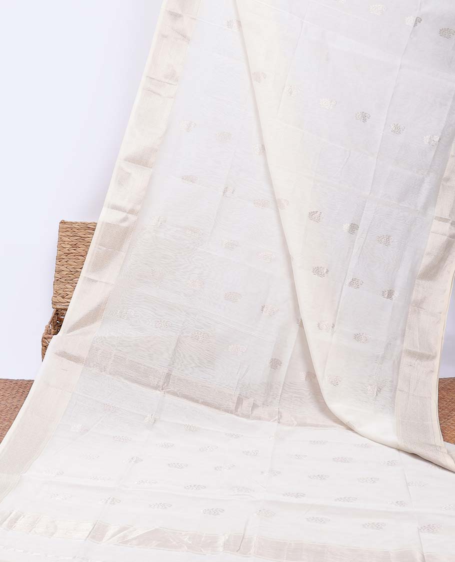 Cream Maheshwari cotton saree with paisley buttas, traditional zari border & zari motifs pallu