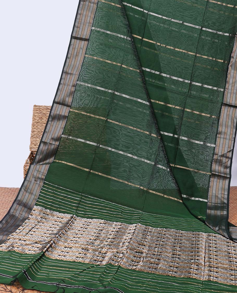 Green Maheshwari cotton saree with stripes, contrast traditional zari border & intricate pallu