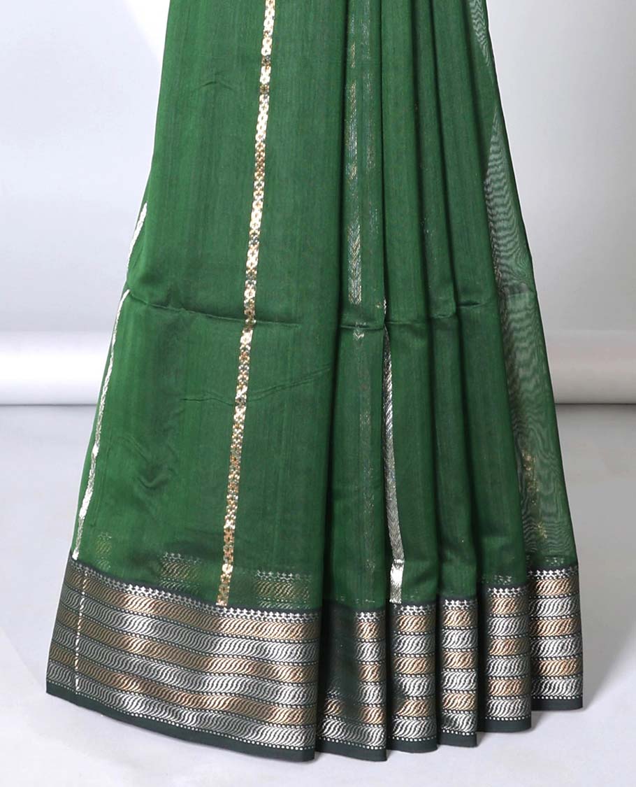 Green Maheshwari cotton saree with stripes, contrast traditional zari border & intricate pallu