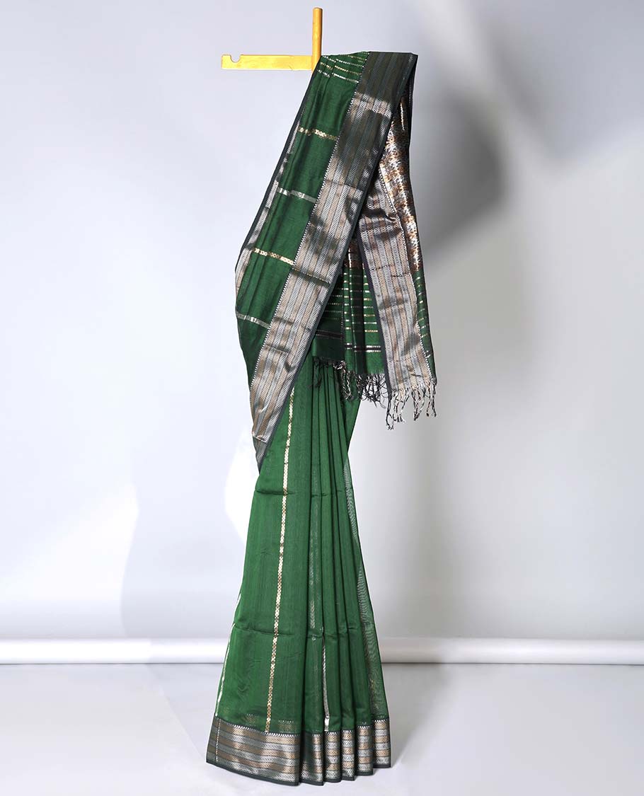 Green Maheshwari cotton saree with stripes, contrast traditional zari border & intricate pallu