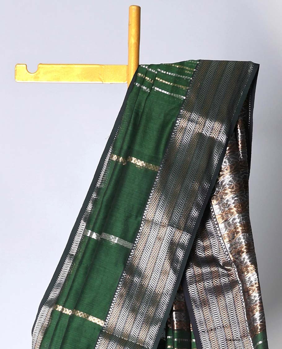 Green Maheshwari cotton saree with stripes, contrast traditional zari border & intricate pallu