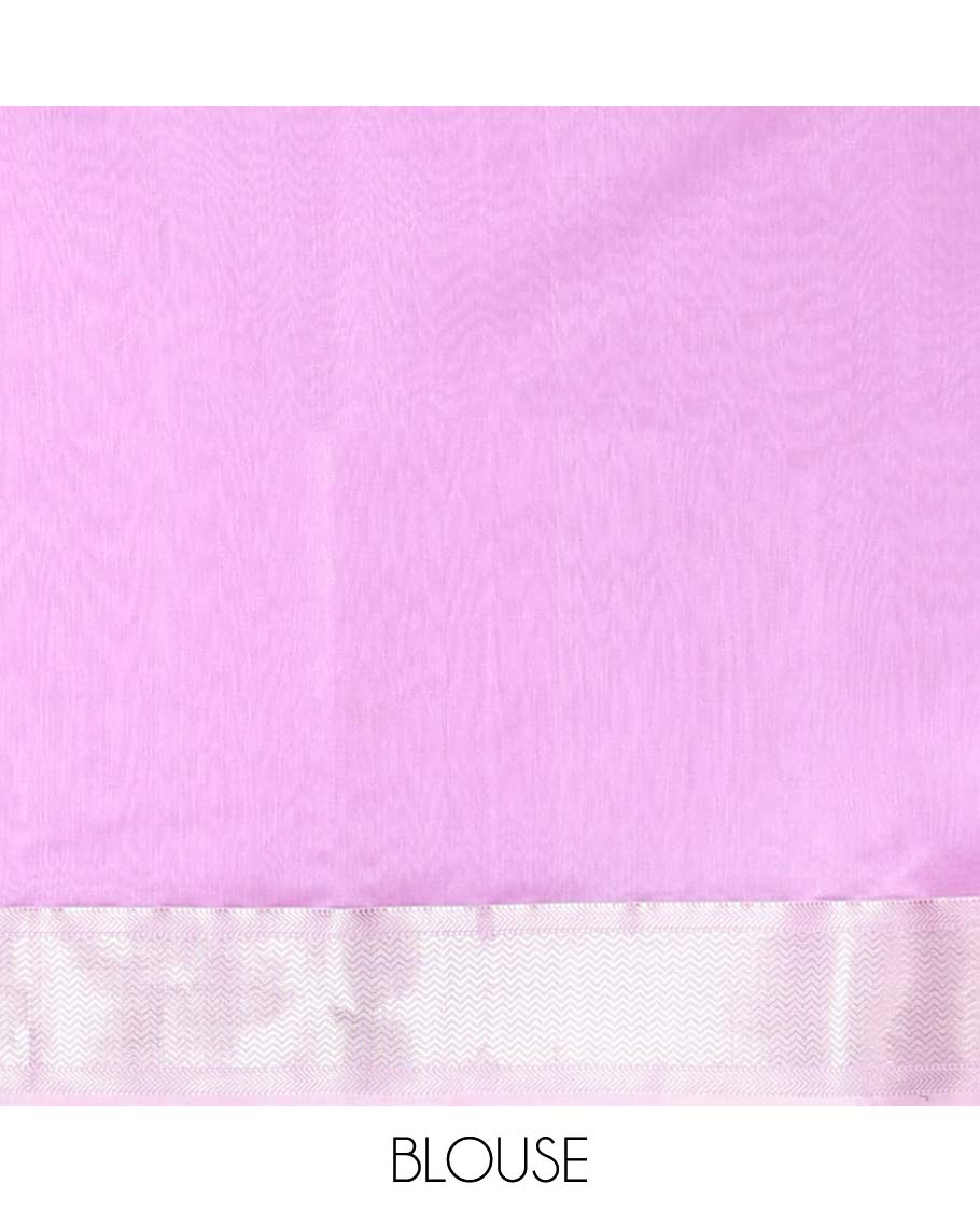 Pink Maheshwari cotton saree with floral buttas, traditional zari border & chevron pallu