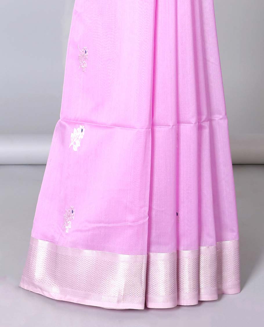 Pink Maheshwari cotton saree with floral buttas, traditional zari border & chevron pallu