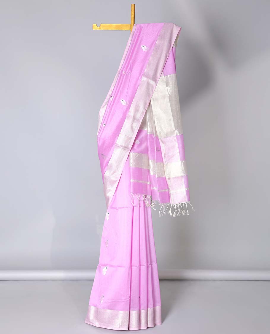 Pink Maheshwari cotton saree with floral buttas, traditional zari border & chevron pallu