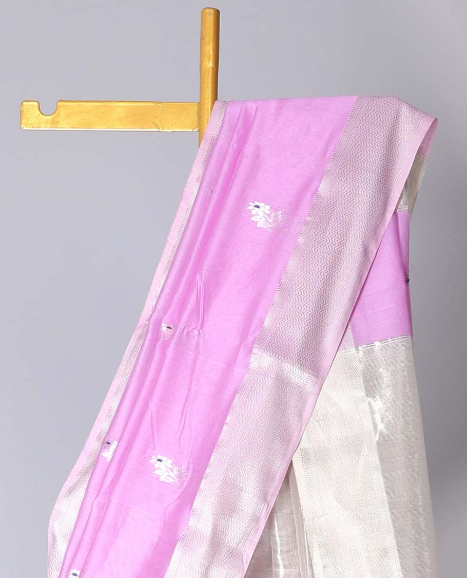 Pink Maheshwari cotton saree with floral buttas, traditional zari border & chevron pallu