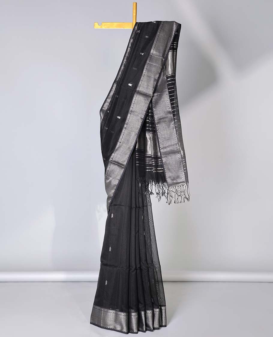 Black Maheshwari cotton saree with buttas, traditional zari border & pallu of zari designs