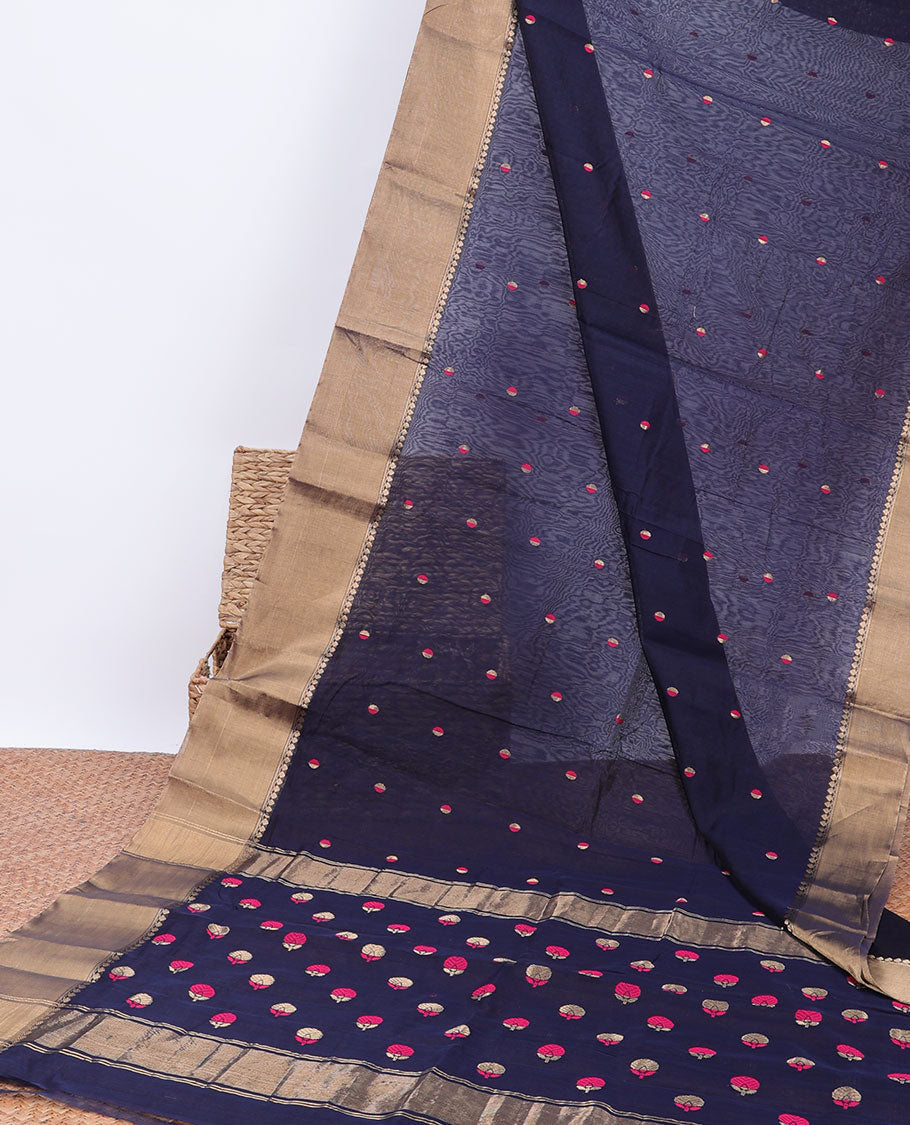 Blue chanderi cottonsaree with polka dot buttas, plain border & pallu of floral designs