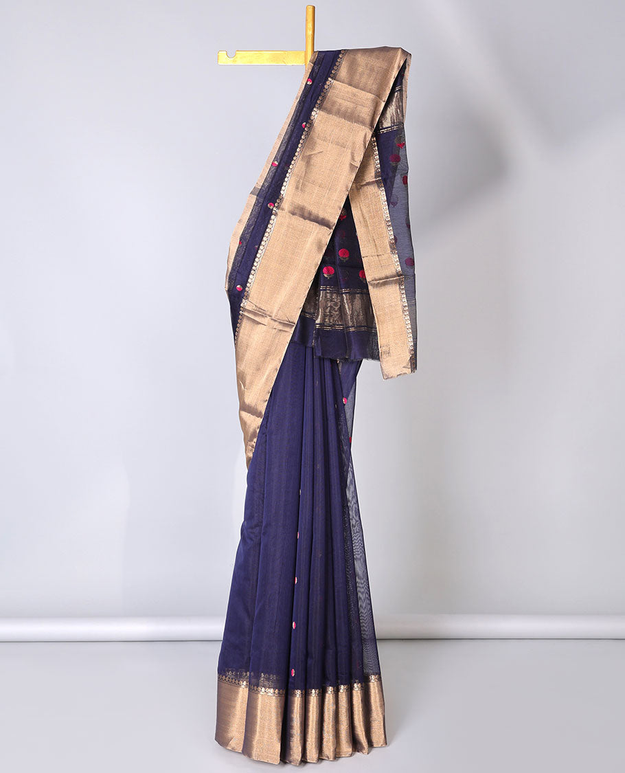 Blue chanderi cottonsaree with polka dot buttas, plain border & pallu of floral designs