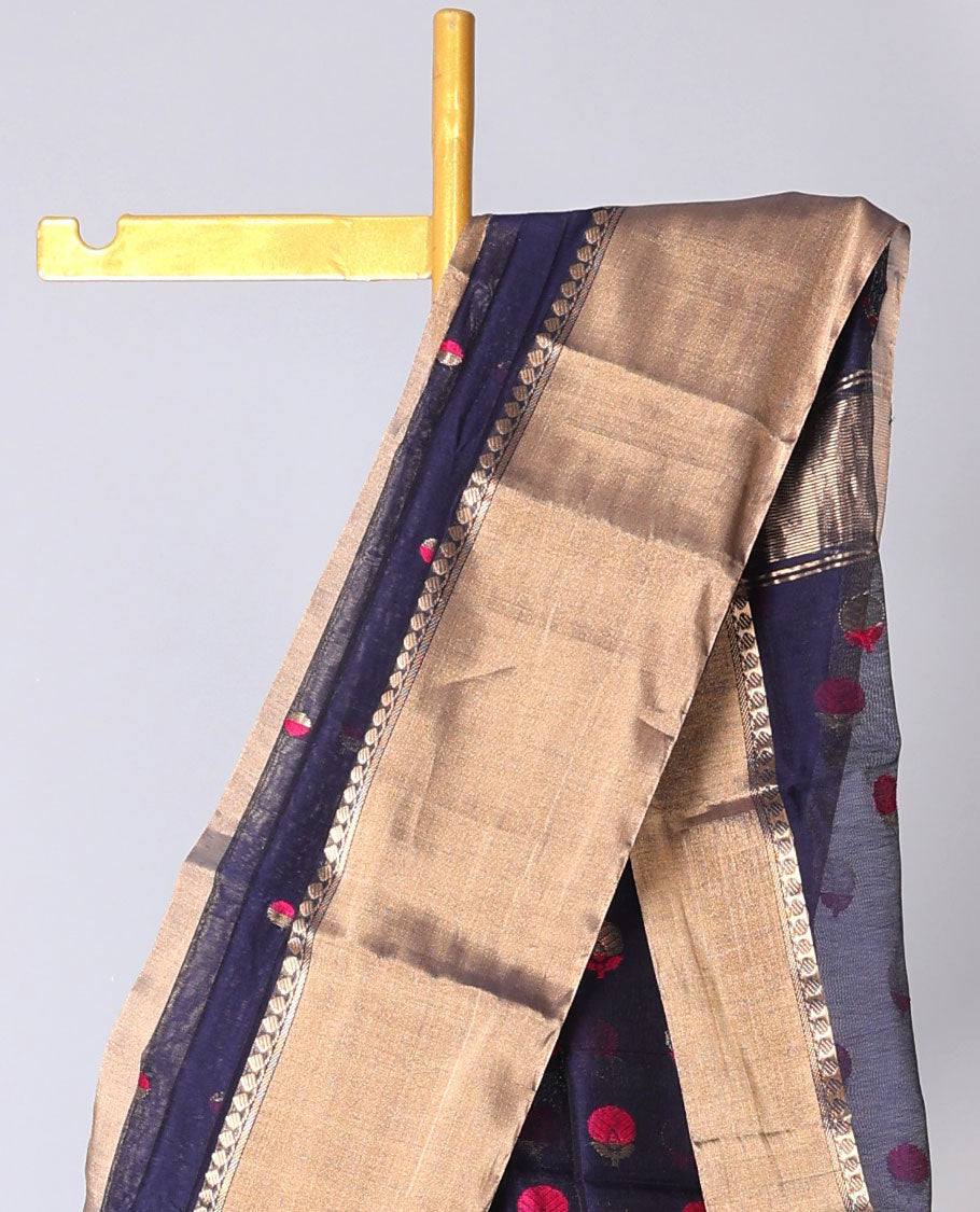 Blue chanderi cottonsaree with polka dot buttas, plain border & pallu of floral designs