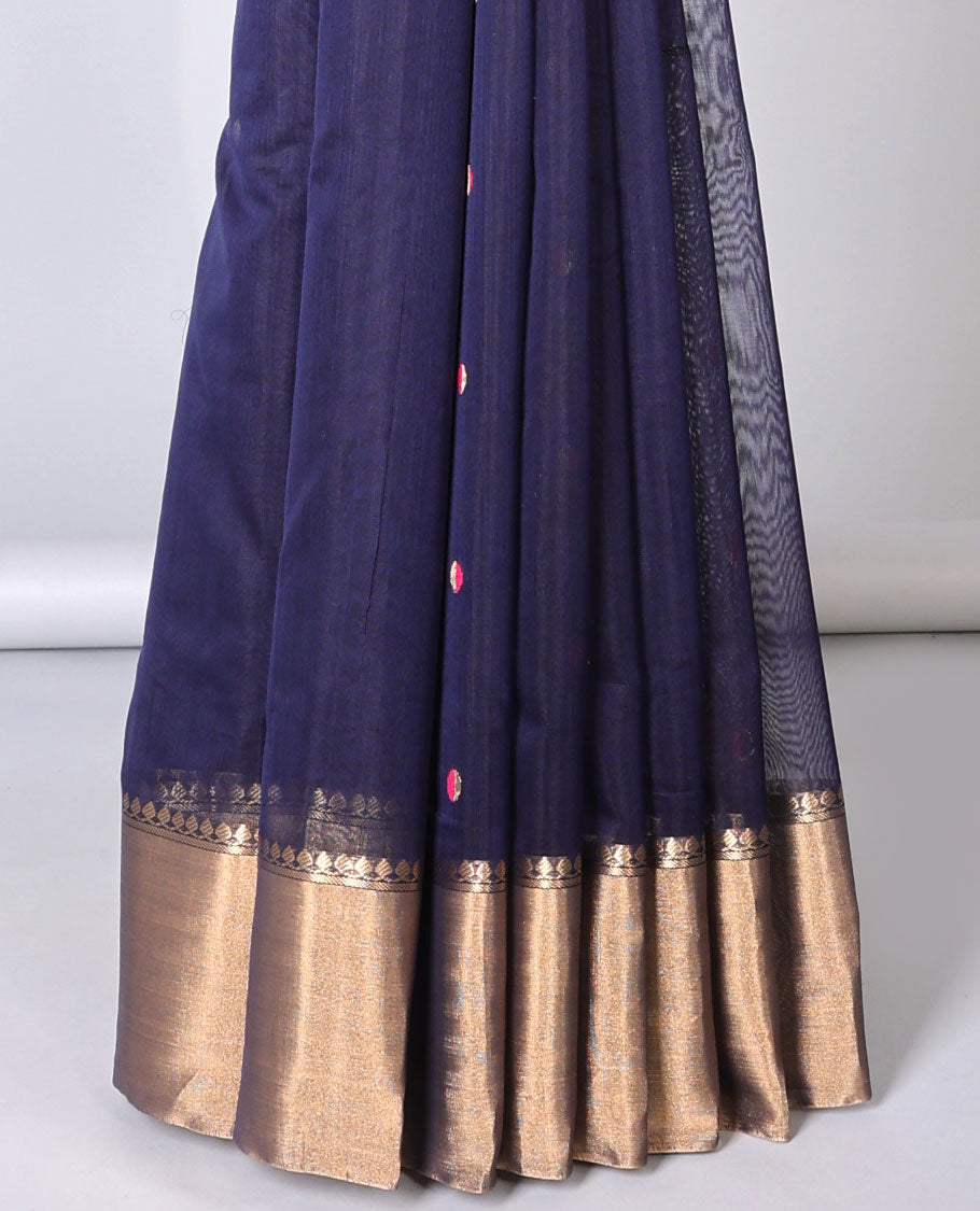 Blue chanderi cottonsaree with polka dot buttas, plain border & pallu of floral designs