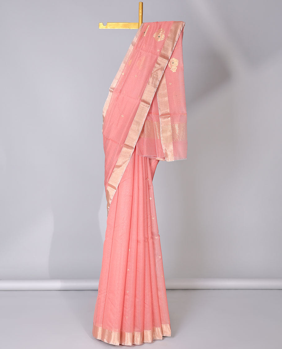 Red chanderi cotton saree with all-over zari buttas, plain border & zari design pallu