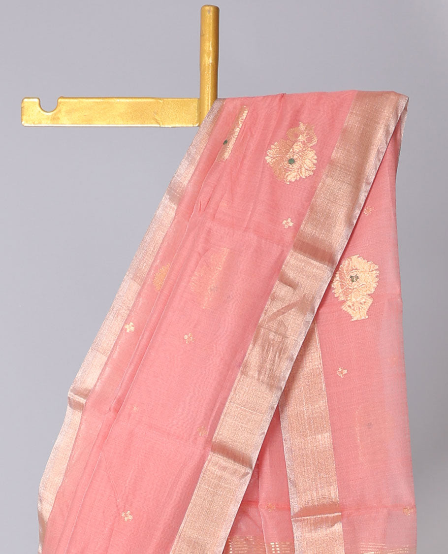 Red chanderi cotton saree with all-over zari buttas, plain border & zari design pallu