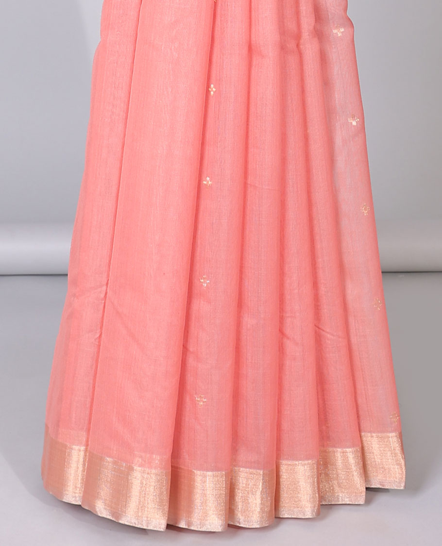 Red chanderi cotton saree with all-over zari buttas, plain border & zari design pallu