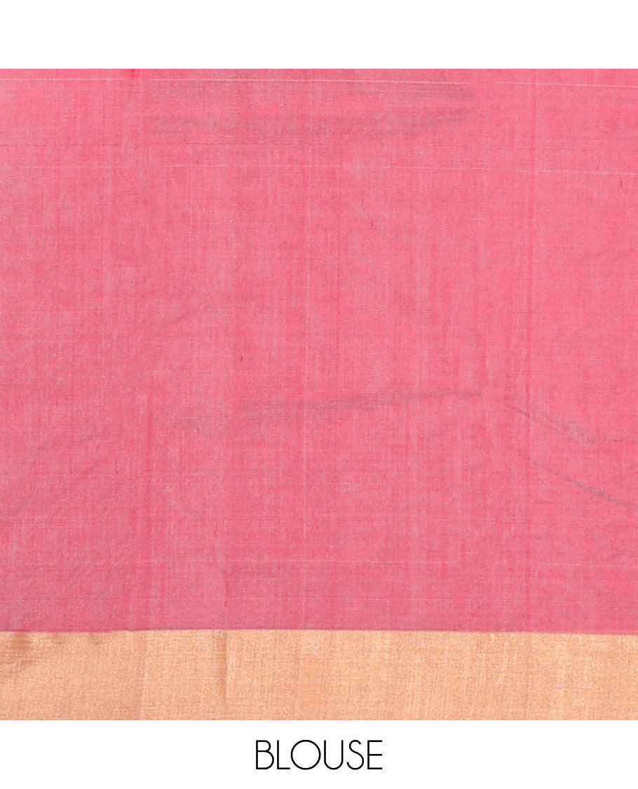 Pink chanderi cotton saree with all-over buttas, unique motif border & floral design pallu