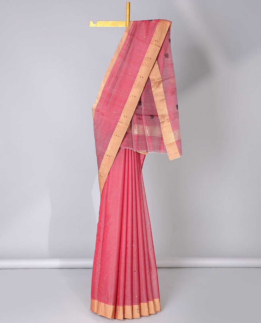 Pink chanderi cotton saree with all-over buttas, unique motif border & floral design pallu