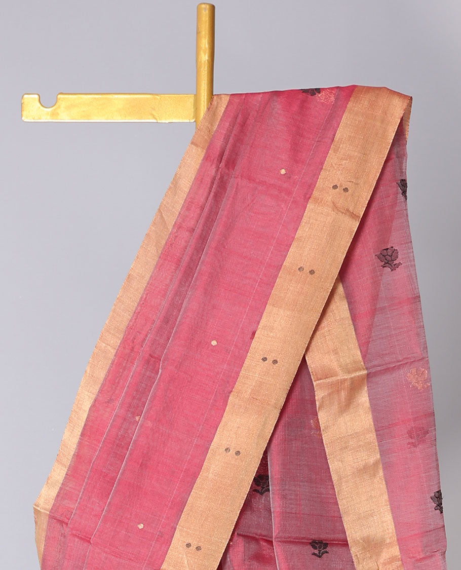Pink chanderi cotton saree with all-over buttas, unique motif border & floral design pallu