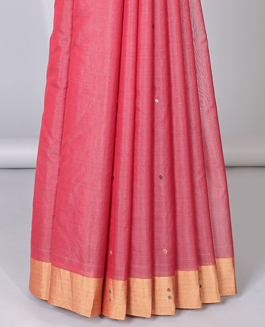 Pink chanderi cotton saree with all-over buttas, unique motif border & floral design pallu
