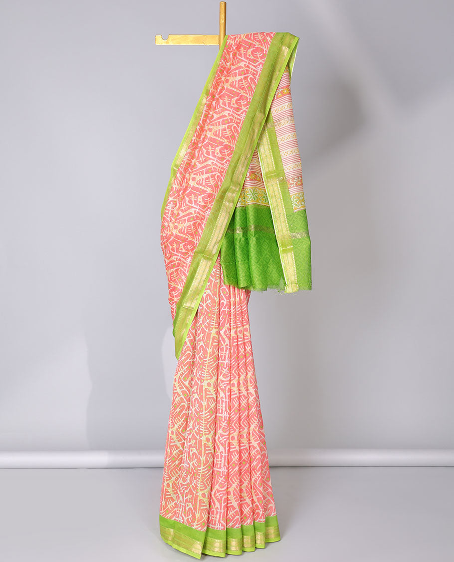 Pink geometric printed cotton saree, contrast traditional zari border & floral creeper pallu