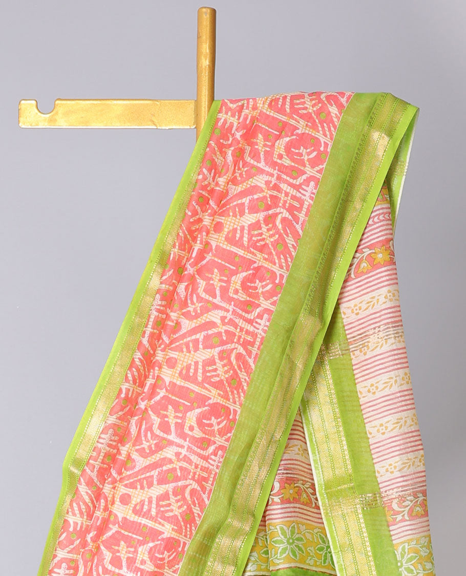 Pink geometric printed cotton saree, contrast traditional zari border & floral creeper pallu
