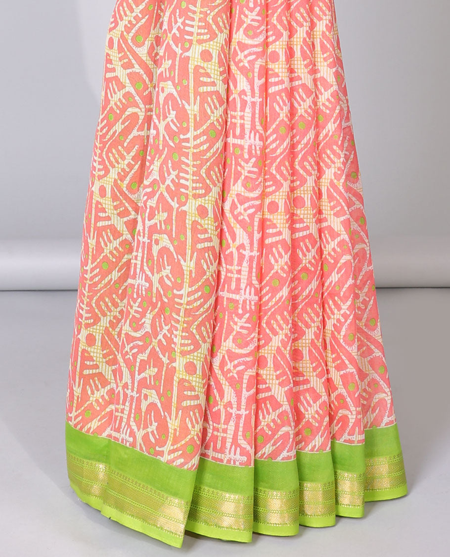 Pink geometric printed cotton saree, contrast traditional zari border & floral creeper pallu