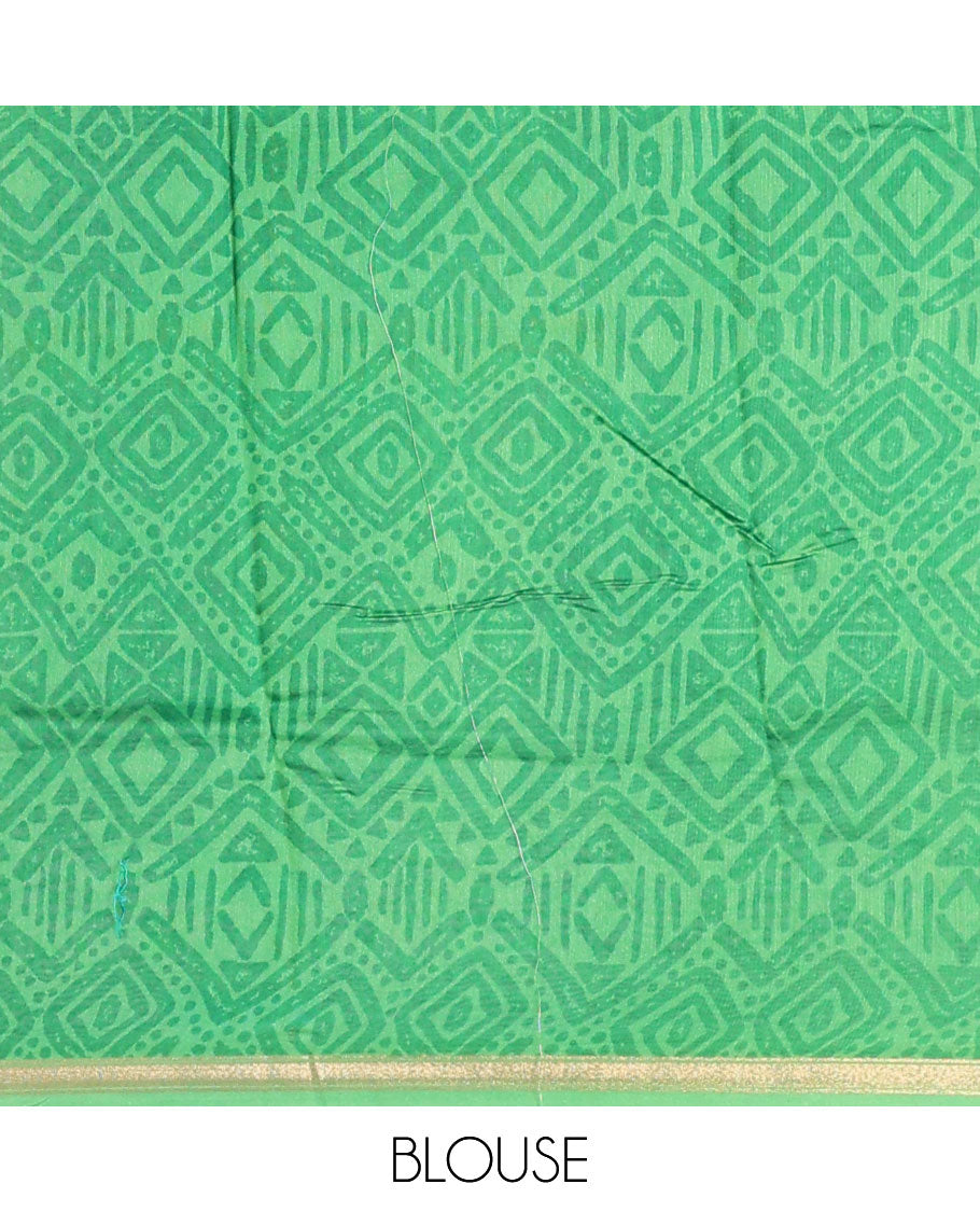 Green geometric printed cotton saree, zari border & geometric printed pallu