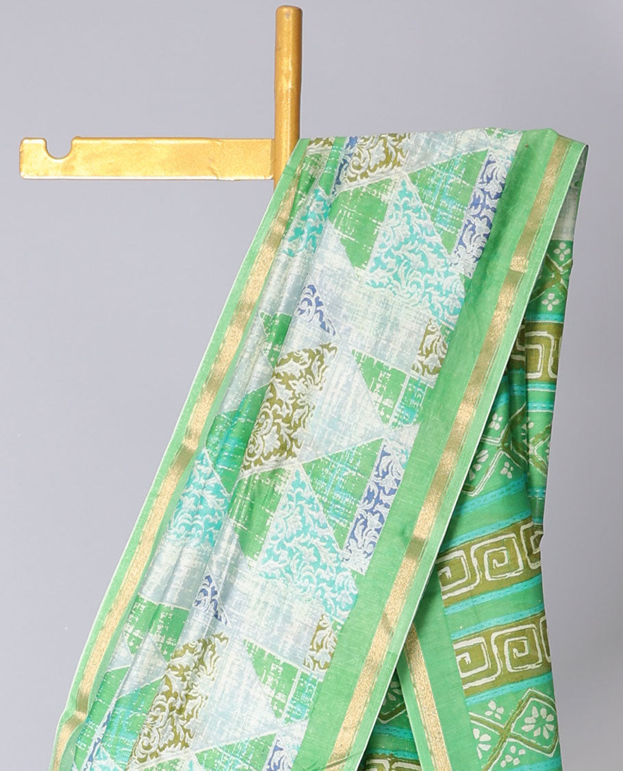 Green geometric printed cotton saree, zari border & geometric printed pallu