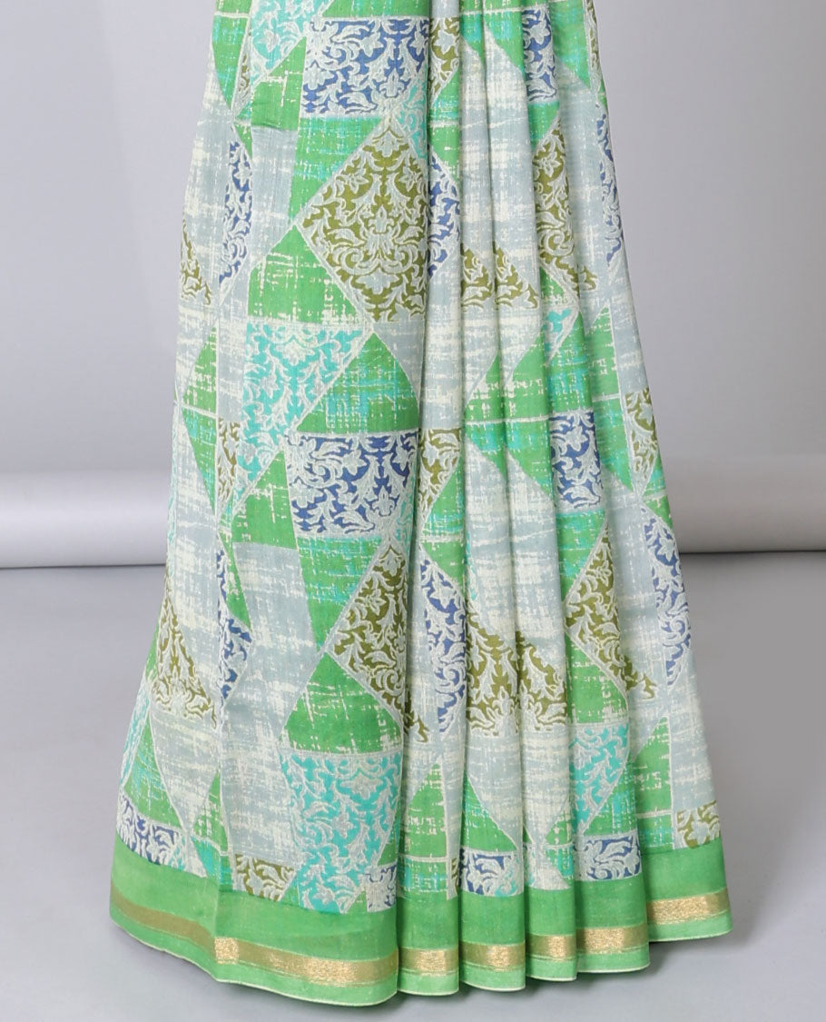Green geometric printed cotton saree, zari border & geometric printed pallu