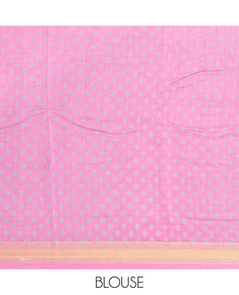 Pink geometric printed cotton saree, traditional zari border & geometric patterned pallu