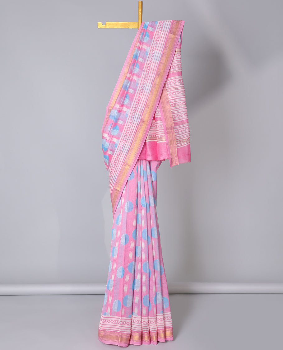 Pink geometric printed cotton saree, traditional zari border & geometric patterned pallu