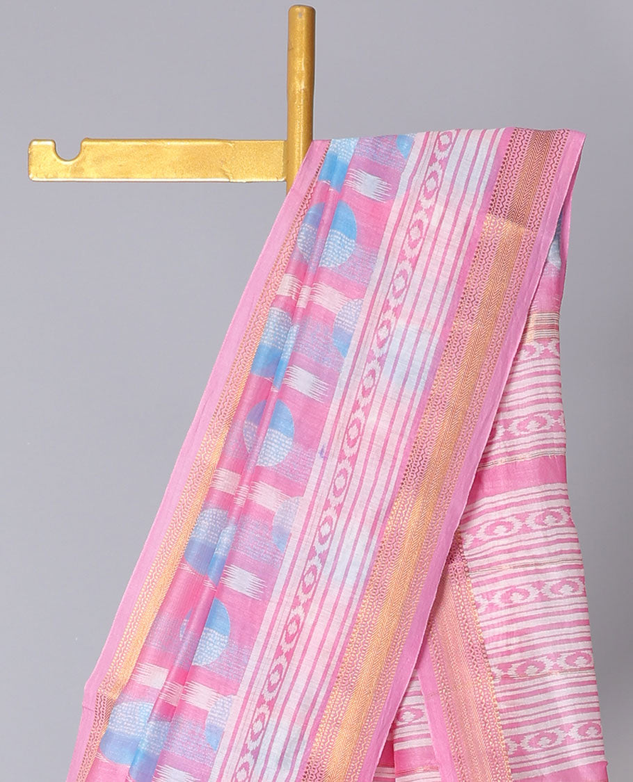 Pink geometric printed cotton saree, traditional zari border & geometric patterned pallu