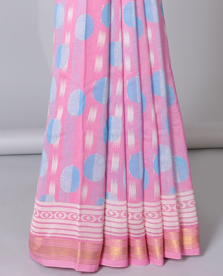 Pink geometric printed cotton saree, traditional zari border & geometric patterned pallu