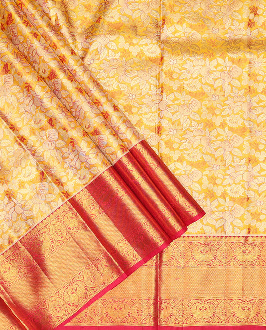 Orange jacquard pure silk half saree,jaal dhavani,contrast jacquard blouse & border of thilakam,muthu,mayil & mayil kann