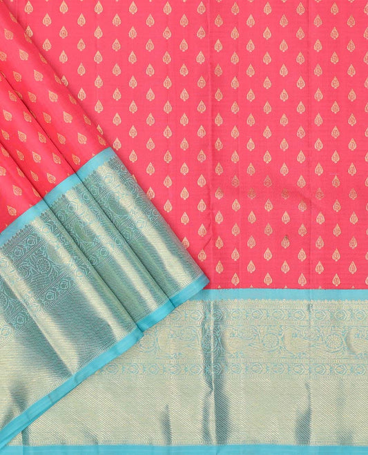 Pink zari buttas pure silk half saree, contrast jaal dhavani, zari design blouse & traditional zari design border