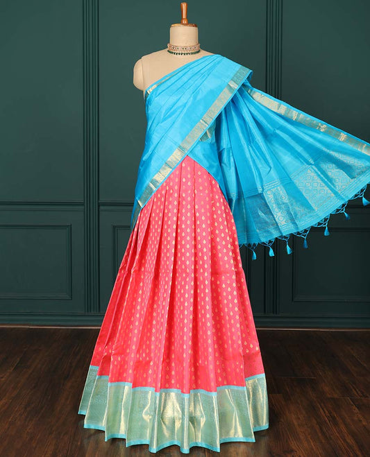 Pink zari buttas pure silk half saree, contrast jaal dhavani, zari design blouse & traditional zari design border