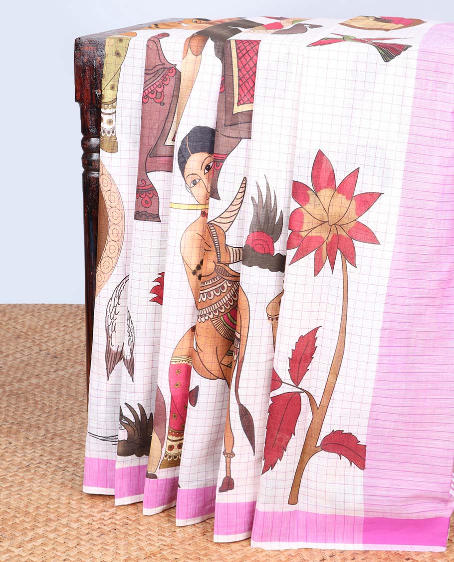 Cream checked & human motifs  printed chirala cotton saree,contrast border & striped pallu