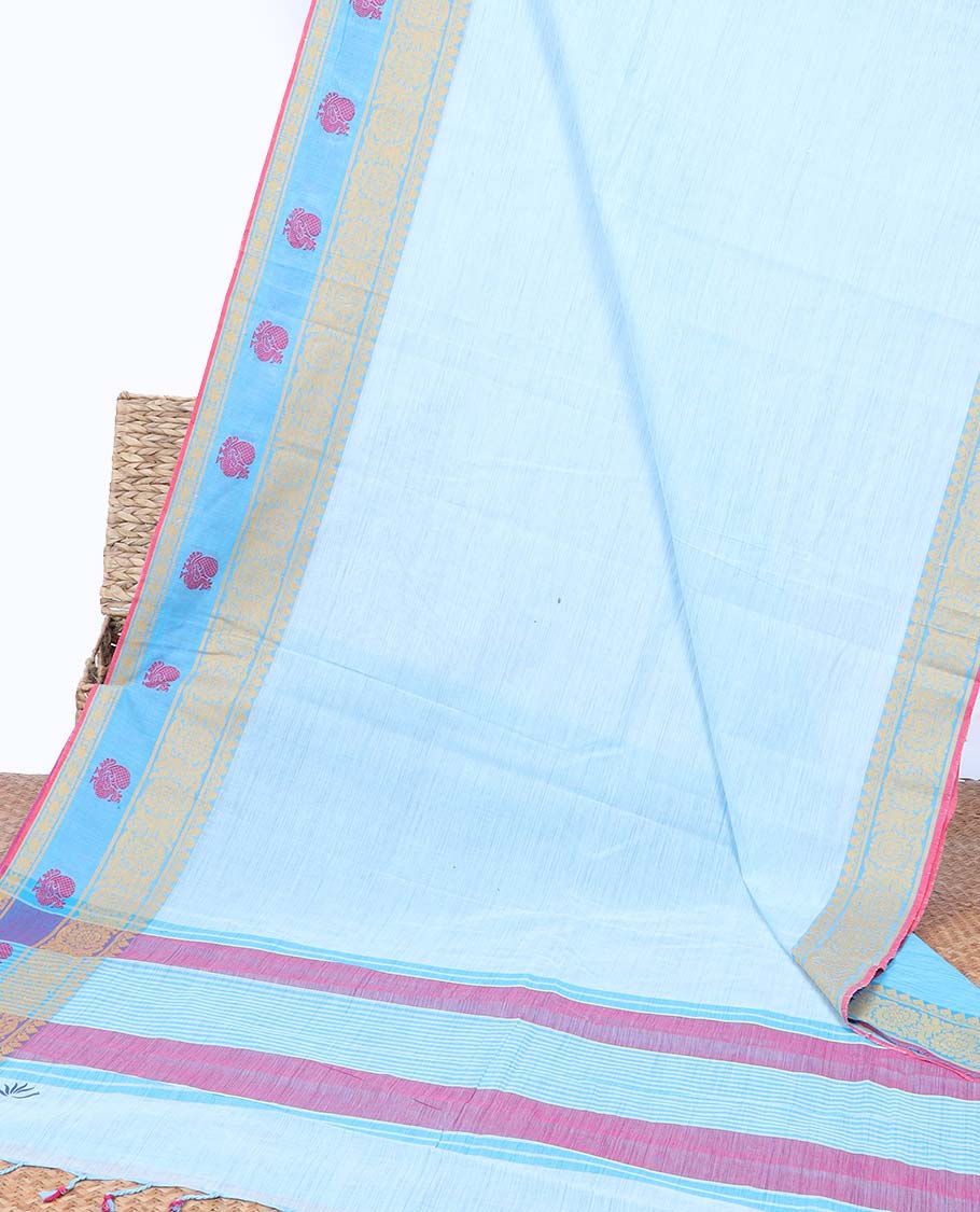 Blue plain chirala cotton saree, contrast traditional design border & striped pallu