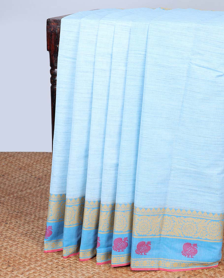 Blue plain chirala cotton saree, contrast traditional design border & striped pallu