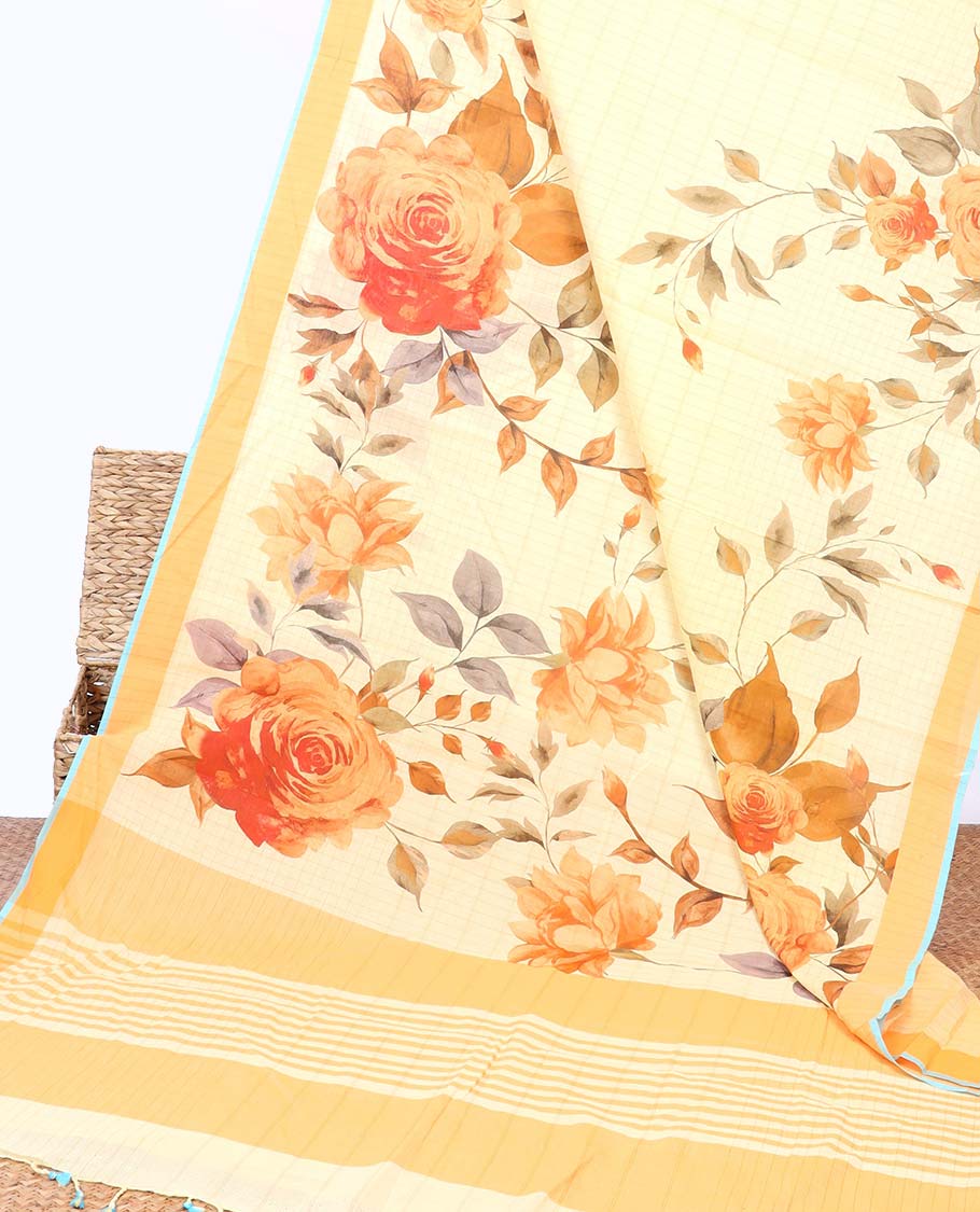 Yellow floral printed chirala cotton saree, contrast border & striped pallu