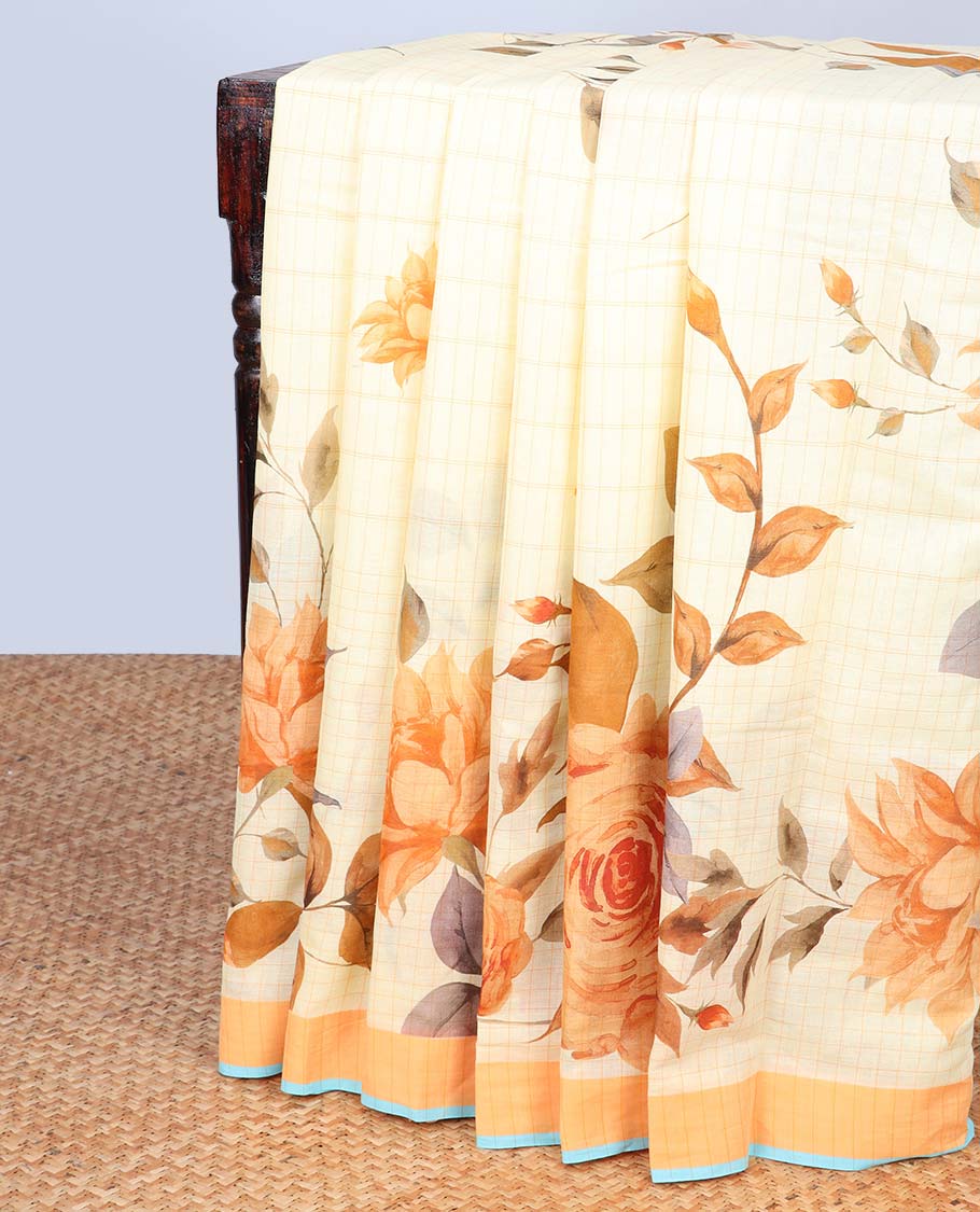 Yellow floral printed chirala cotton saree, contrast border & striped pallu