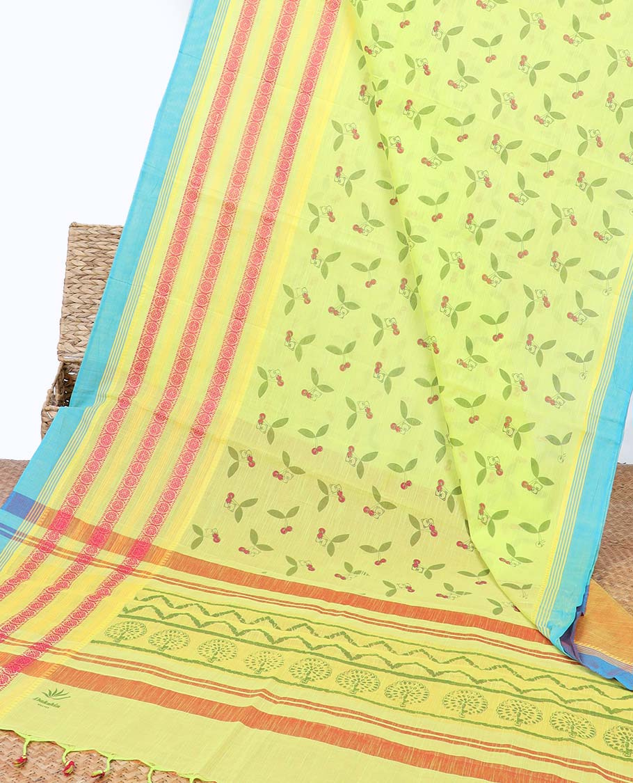 Green cherry motifs printed chirala cotton saree with traditional designs, contrast border & uniquely printed pallu