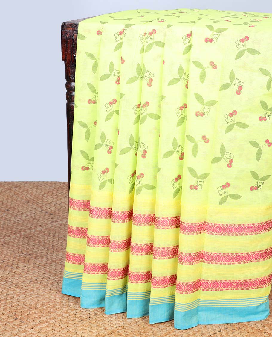 Green cherry motifs printed chirala cotton saree with traditional designs, contrast border & uniquely printed pallu