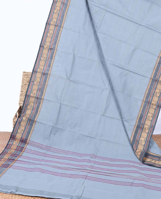 Grey plain chettinad cotton saree, contrast traditional design border & striped pallu