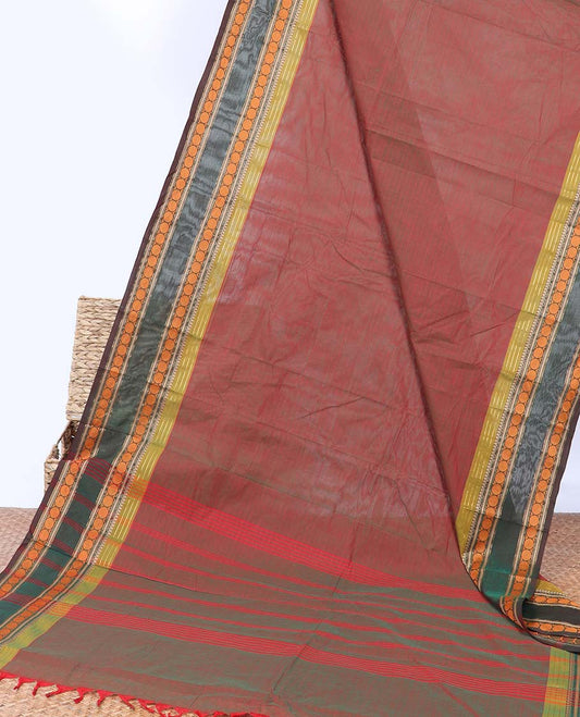 Red sparsely striped Chettinad cotton saree with contrast traditional zari design border & striped pallu