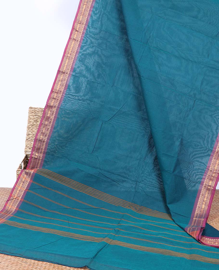 Blue plain Chettinad cotton saree with contrast traditional zari design border & striped pallu