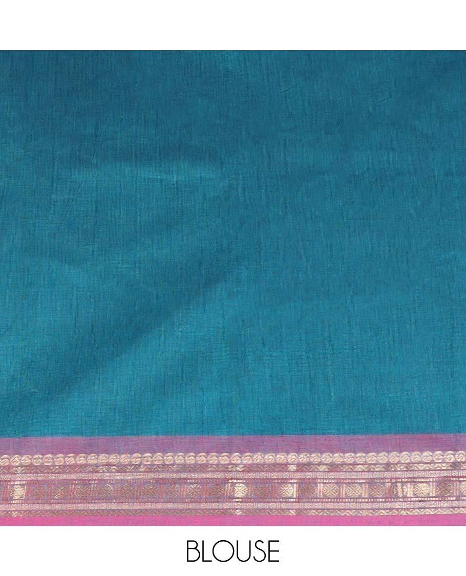 Blue plain Chettinad cotton saree with contrast traditional zari design border & striped pallu