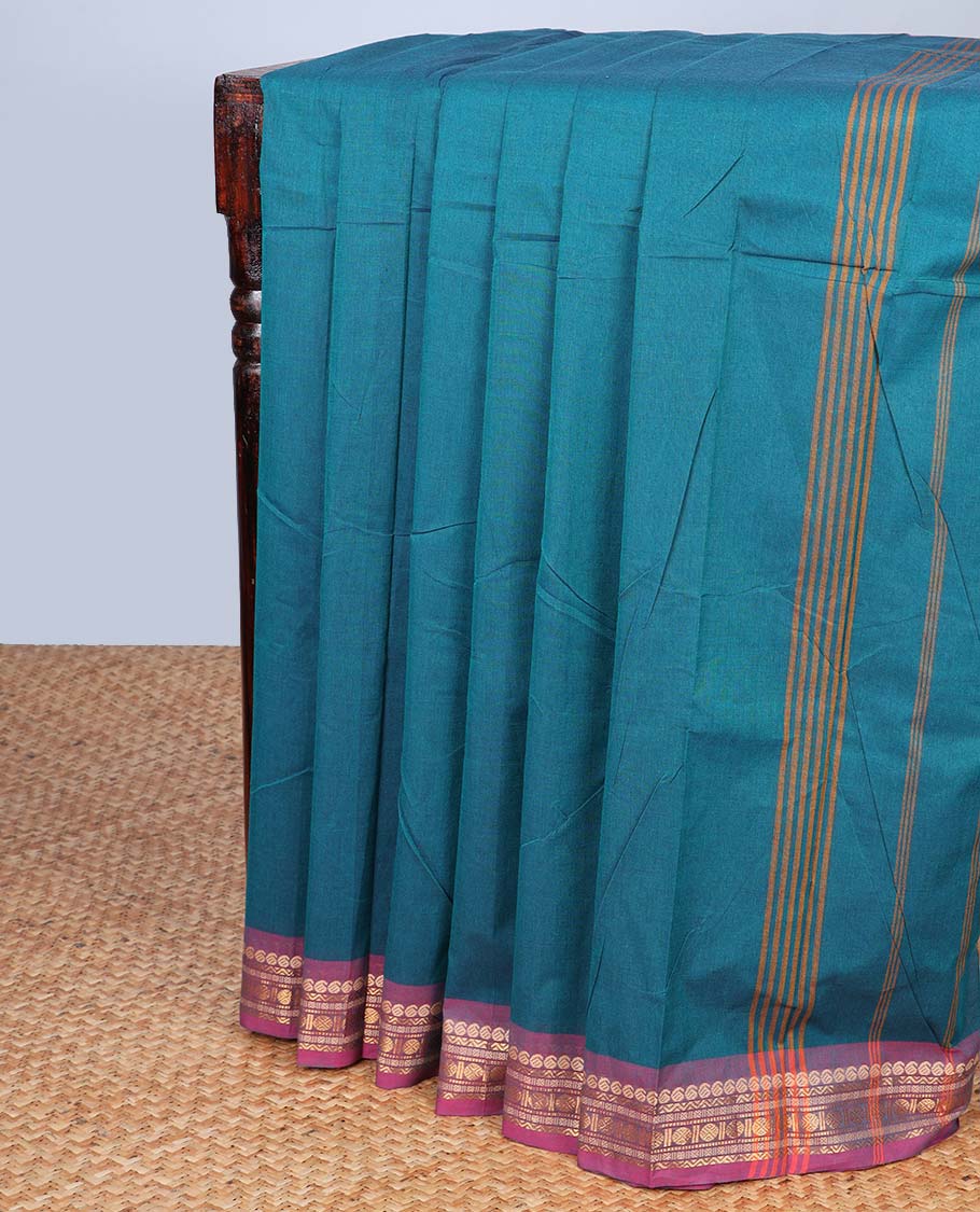 Blue plain Chettinad cotton saree with contrast traditional zari design border & striped pallu